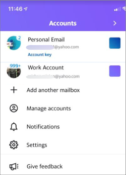 Image of multiple accounts in the Yahoo Courriel app.