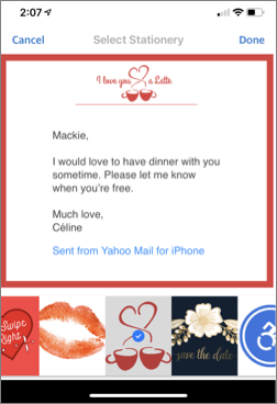 Image d'un exemple de papier à lettres dans Yahoo Courriel pour iOS.